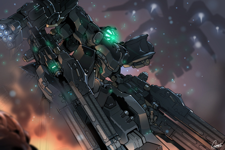 absurdres, allmind_(armored_core_vi), armored_core, armored_core_vi:_fires_of_rubicon, cosmo-5, dual_wielding, energy_gun, glowing, glowing_eye, green_light, highres, holding, holding_weapon, mecha, mecha_focus, missile_pod, no_humans, robot, signature, sol_644, weapon
