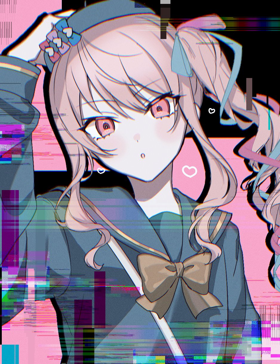 1other, :o, akiyama_mizuki, arm_up, beret, blue_hat, bow, chouzetsusaikawa_tenshi-chan, chouzetsusaikawa_tenshi-chan_(cosplay), cosplay, cubism_(needy_girl_overdose), glitch, hat, hat_bow, highres, long_hair, long_sleeves, looking_at_viewer, needy_girl_overdose, other_focus, pink_background, pink_eyes, pink_hair, project_sekai, sailor_collar, side_ponytail, sidelocks, solo, tmill1066, upper_body, yellow_bow