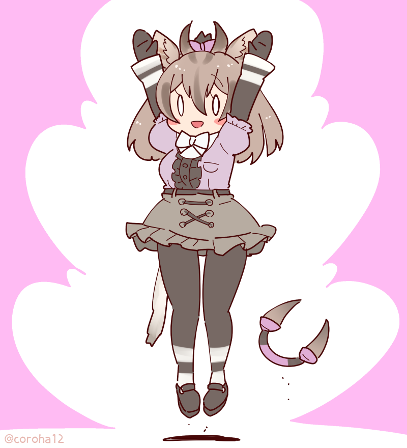 1girl, animal_ears, arms_up, belt, bow, bowtie, coroha, dress