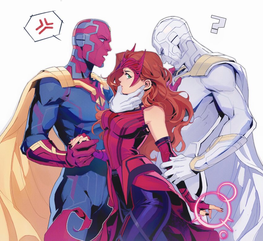 1girl, 2boys, ?, absurdres, al_(ahr), anger_vein, bare_shoulders, black_nails