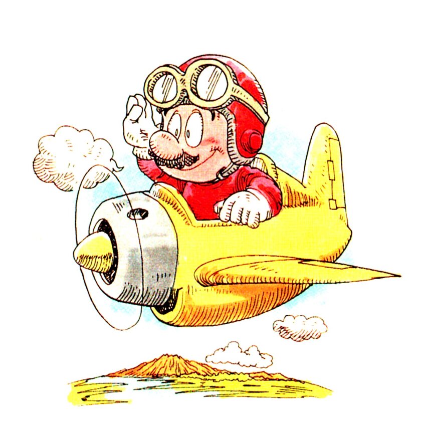 1boy, aircraft, airplane, benimaru_itoh, brown_hair, cloud, facial_hair, flying