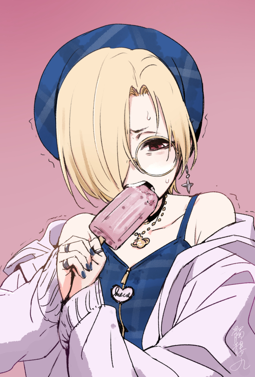 1girl, bare_shoulders, beret, biting, black_choker, blonde_hair, blue_camisole, blue_hat