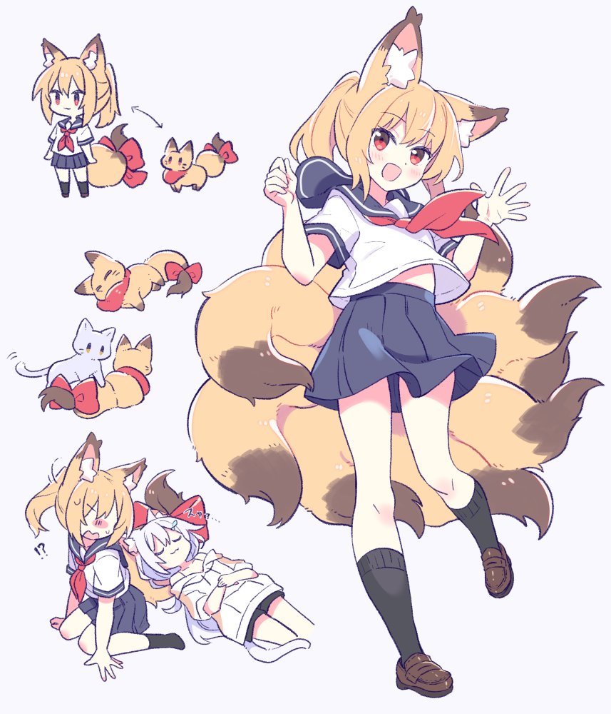 2girls, animal_ears, black_sailor_collar, black_shorts, black_skirt, black_socks, blush, cat_ears