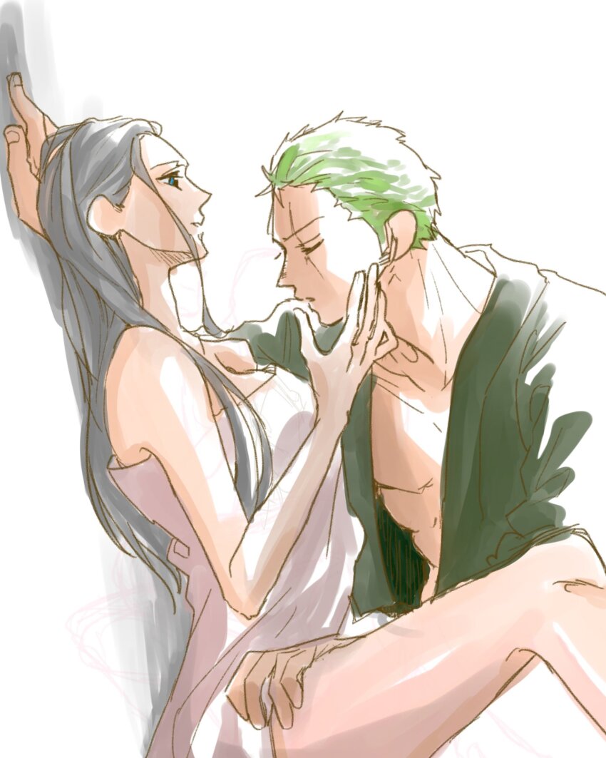 1boy, 1girl, black_hair, blue_eyes, commentary_request, green_hair, green_kimono, hand_on_another's_cheek, hand_on_another's_face, highres, japanese_clothes, kimono, light_smile, long_hair, looking_at_another, nico_robin, one_piece, piry, profile, roronoa_zoro, scar, scar_across_eye, scar_on_face, short_hair, sidelocks, simple_background, sitting