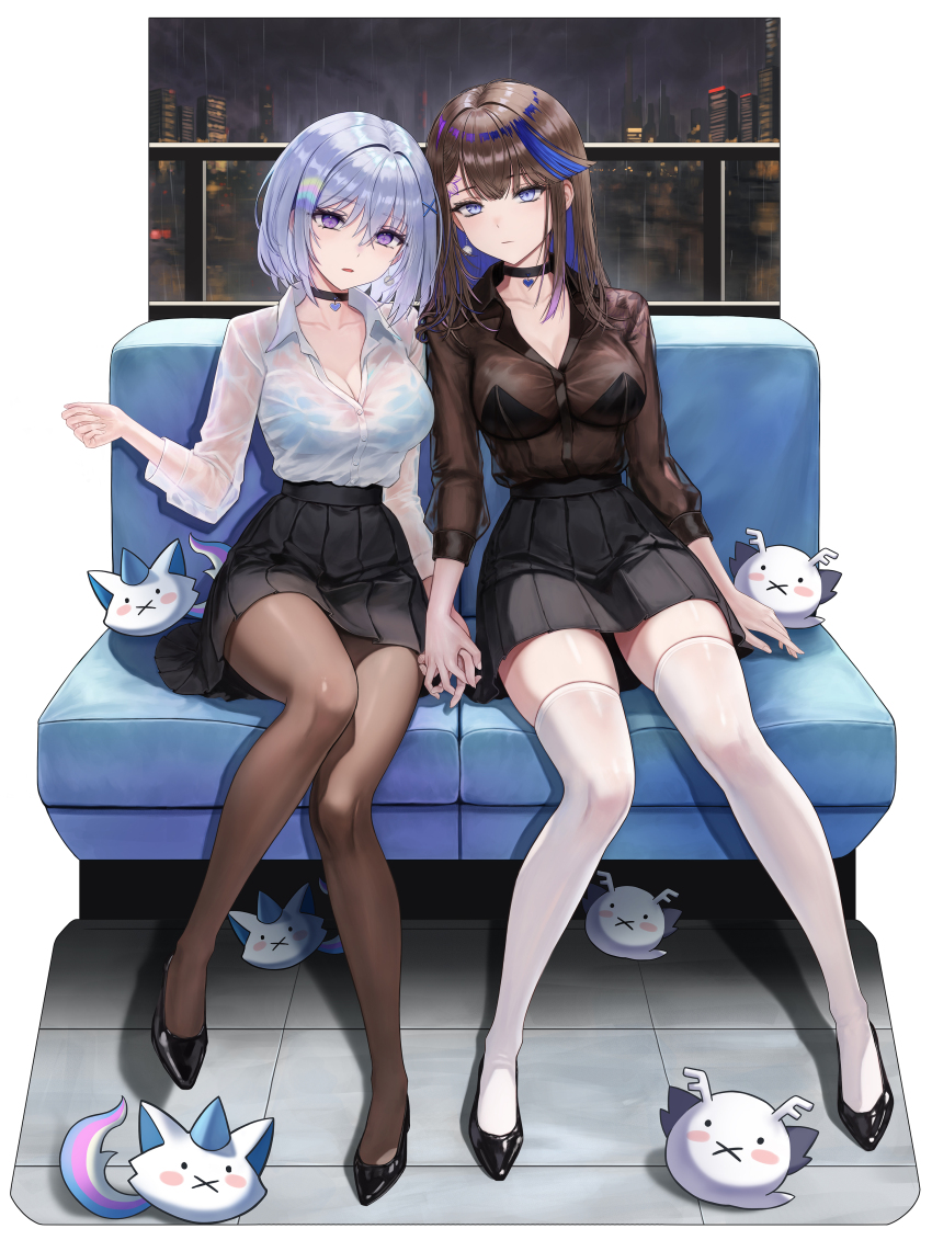 2girls, absurdres, airi_kanna, alternate_costume, arnyang_(ayatsuno_yuni), ayatsuno_yuni, black_bra, black_choker, black_footwear, black_skirt, blue_bra, blue_eyes, blue_hair, bra, bra_visible_through_clothes, breasts, brown_hair, brown_pantyhose, brown_shirt, buttons, chair, choker, closed_mouth, collarbone, collared_shirt, colored_inner_hair, cross-shaped_pupils, dress_shirt, earrings, eruthu, expressionless, hair_ornament, highres, holding_hands, jewelry, large_breasts, long_sleeves, looking_at_viewer, miniskirt, multicolored_hair, multiple_girls, open_mouth, pantyhose, pleated_skirt, purple_eyes, rain, scales_(airi_kanna), see-through_clothes, shirt, shirt_tucked_in, shoes, short_hair, sidelocks, sitting, skirt, stellive, streaked_hair, symbol-shaped_pupils, thighhighs, thighs, underwear, virtual_youtuber, wet, wet_clothes, wet_shirt, white_hair, white_shirt, white_thighhighs, x_hair_ornament, zettai_ryouiki