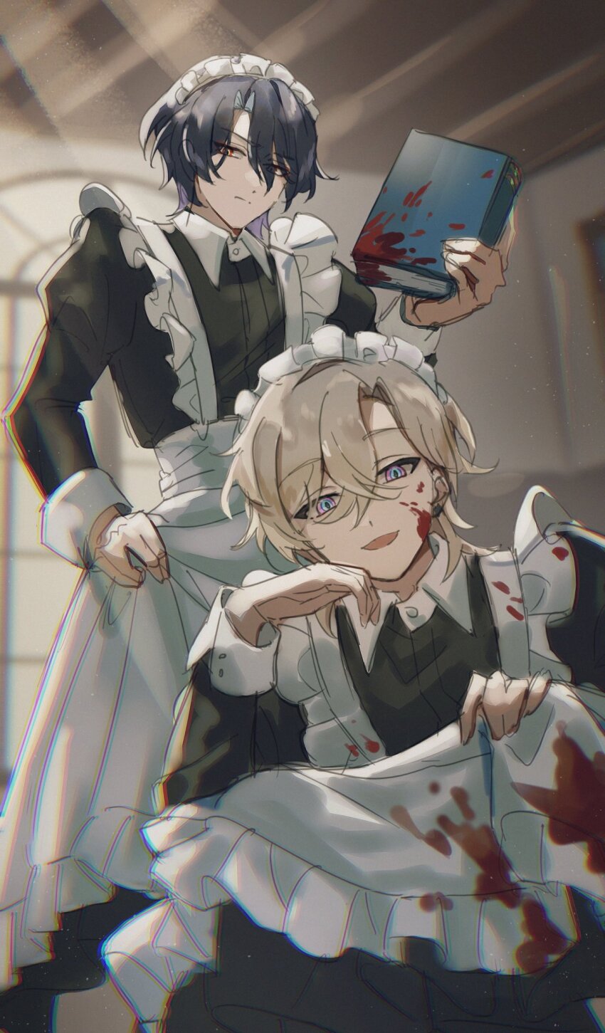 2boys, alternate_costume, apron, aventurine_(honkai:_star_rail), black_dress, blonde_hair, blood, blood_on_book