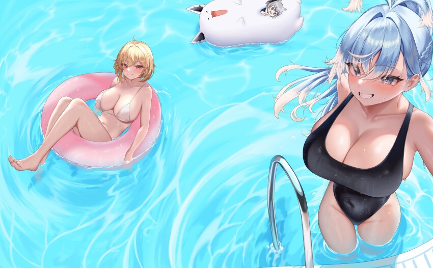 3girls, absurdres, alternate_breast_size, animal_ear_fluff, animal_ears, bikini, black_one-piece_swimsuit, blonde_hair