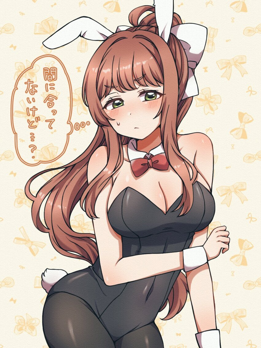 1girl, animal_ears, bare_shoulders, blush, bow, bowtie, breasts, brown_hair, doki_doki_literature_club, fake_animal_ears, fake_tail, green_eyes, hair_bow, highres, large_breasts, long_hair, monika_(doki_doki_literature_club), playboy_bunny, ponytail, rabbit_ears, rabbit_tail, red_bow, red_bowtie, sidelocks, solo, speech_bubble, tail, usagi_hamii, white_bow, wrist_cuffs