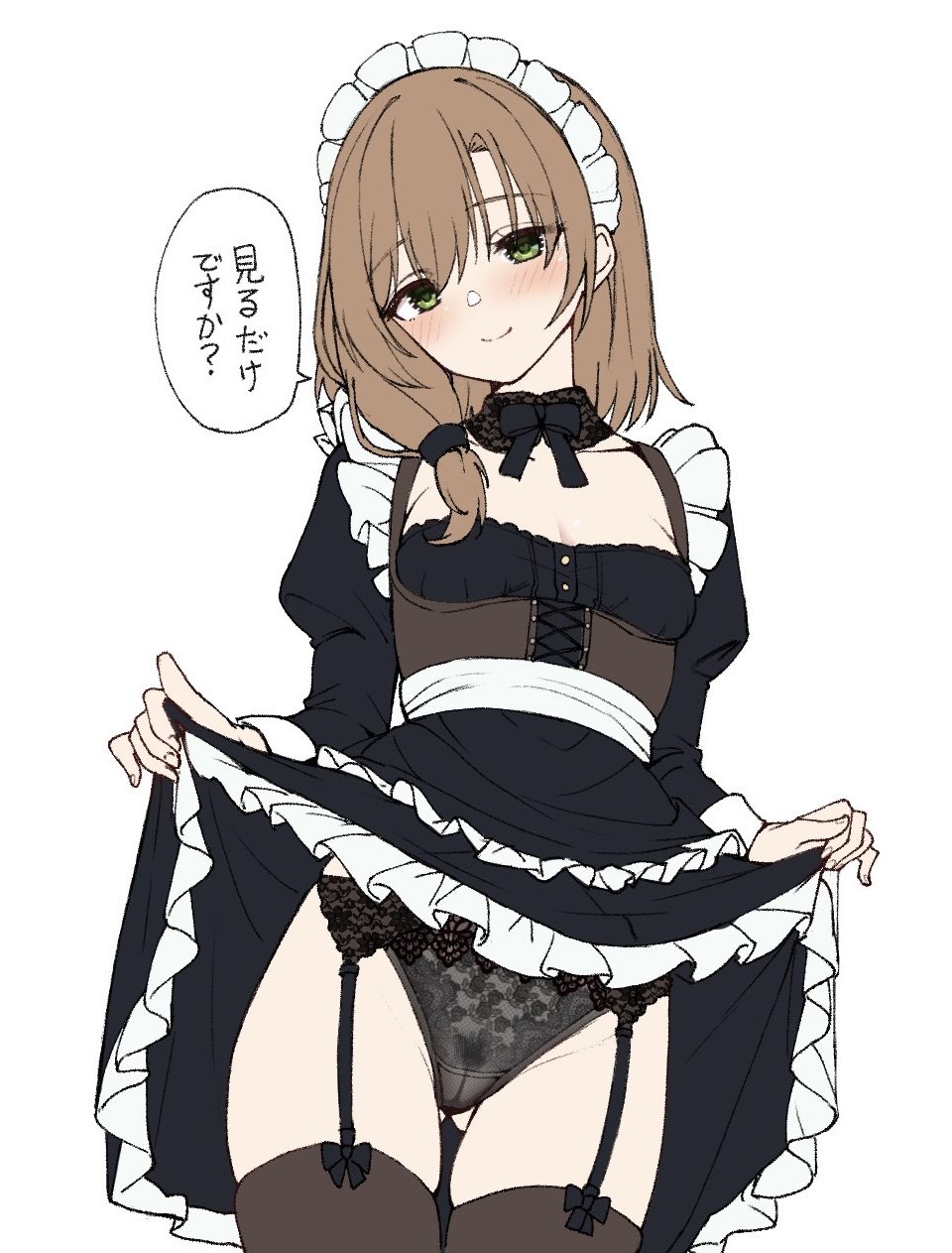 1girl, alternate_costume, apron, black_bow, black_bowtie, black_panties, black_shirt, black_skirt, black_thighhighs, blush, bow, bowtie, breasts, brown_hair, cameltoe, cleavage, closed_mouth, clothes_lift, commentary_request, cowboy_shot, detached_collar, enmaided, eyelashes, female_pubic_hair, floral_print, frilled_apron, frilled_skirt, frills, garter_belt, garter_straps, gluteal_fold, green_eyes, hair_between_eyes, highres, juliet_sleeves, lifting_own_clothes, lingerie, long_hair, long_sleeves, looking_at_viewer, low_side_ponytail, maid, maid_apron, maid_headdress, mikuni_sairi, panties, print_panties, pubic_hair, puffy_sleeves, seductive_smile, shirt, side_ponytail, simple_background, skindentation, skirt, skirt_lift, small_breasts, smile, solo, speech_bubble, split_mouth, tenshi_souzou_re-boot!, tft_(tft7822), thigh_gap, thighhighs, thighs, translated, tsurime, underwear, white_background