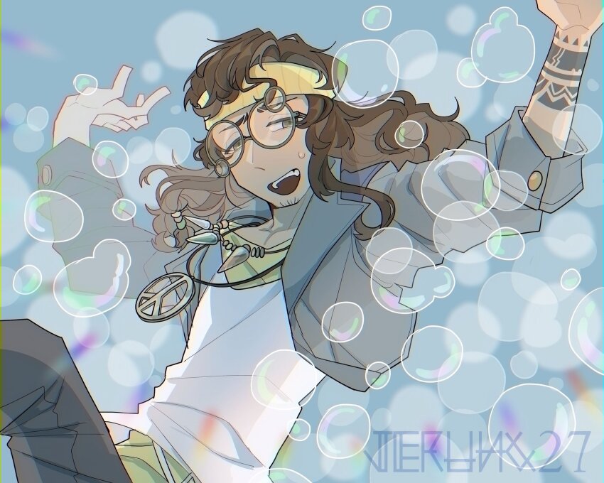 1boy, :d, arms_up, blue_background, blue_jacket, blue_pants, brown_eyes, brown_hair