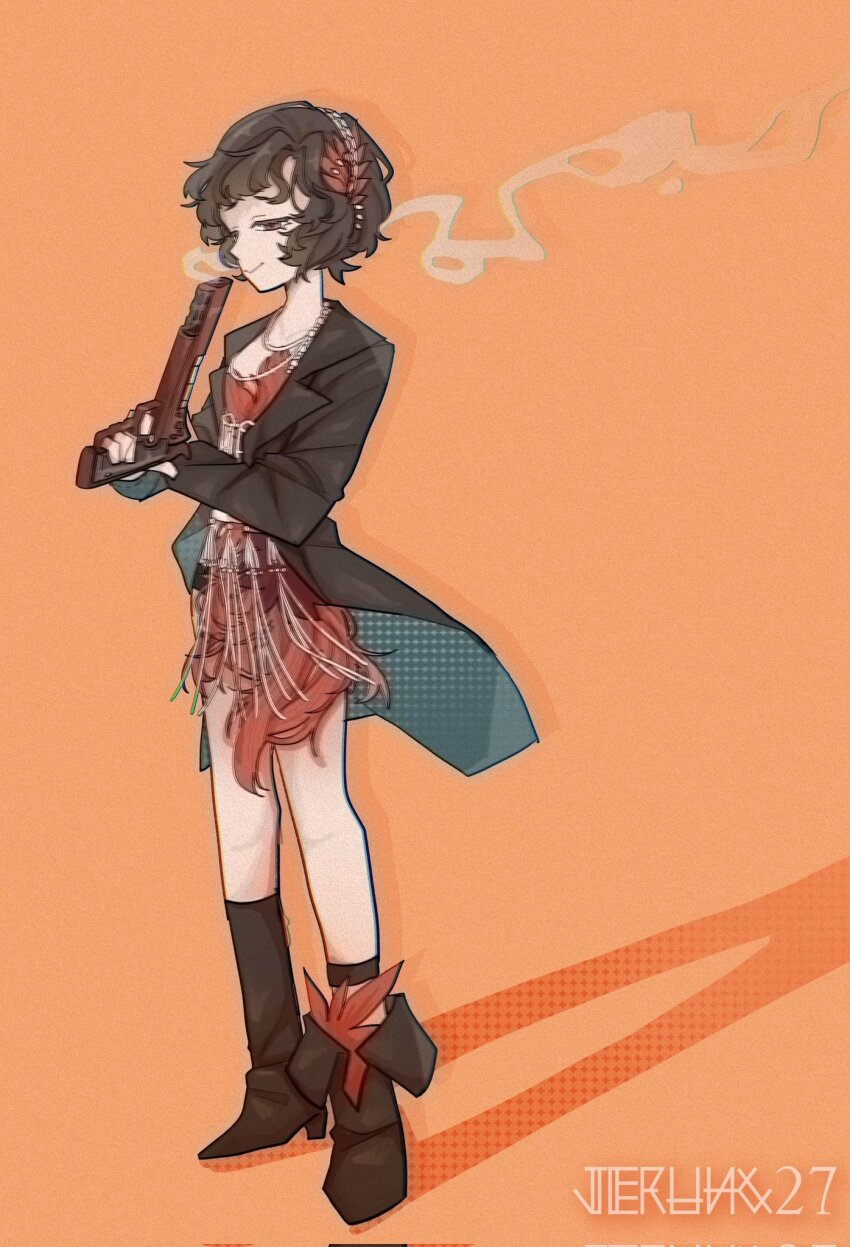 1girl, ankle_boots, black_boots, black_coat, black_hair, boots, coat, curly_hair