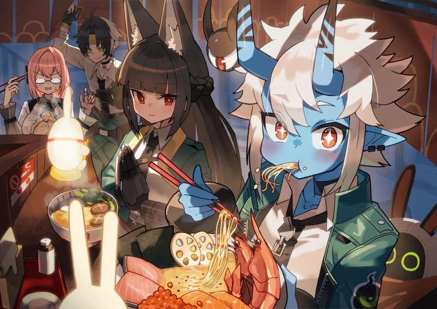 +_+, 1boy, 3girls, absurdres, ahoge, animal_ear_fluff, animal_ears, aqua_jacket