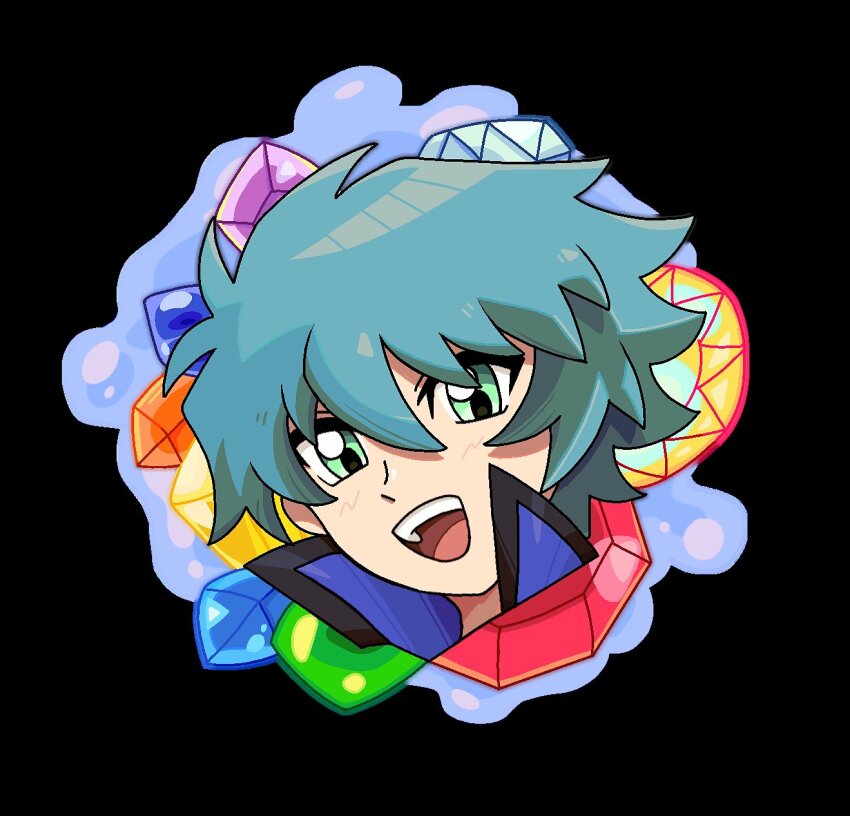 1boy, amber_(gemstone), blue_gem, crystal, gem, green_eyes, green_gem, green_hair