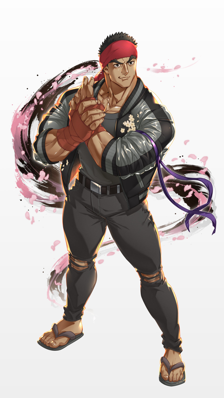 1boy, alternate_color, bandaged_hand, bandages, belt, black_hair, black_pants, black_shirt, dark-skinned_male, dark_skin, falling_petals, full_body, harigiri305, headscarf, highres, jacket, male_focus, muscular, muscular_male, official_alternate_costume, open_clothes, open_jacket, pants, petals, ryu_(street_fighter), sandals, shirt, shirt_tucked_in, short_hair, sleeves_rolled_up, smile, solo, street_fighter, street_fighter_6, sukajan, thick_eyebrows, torn_clothes, torn_pants