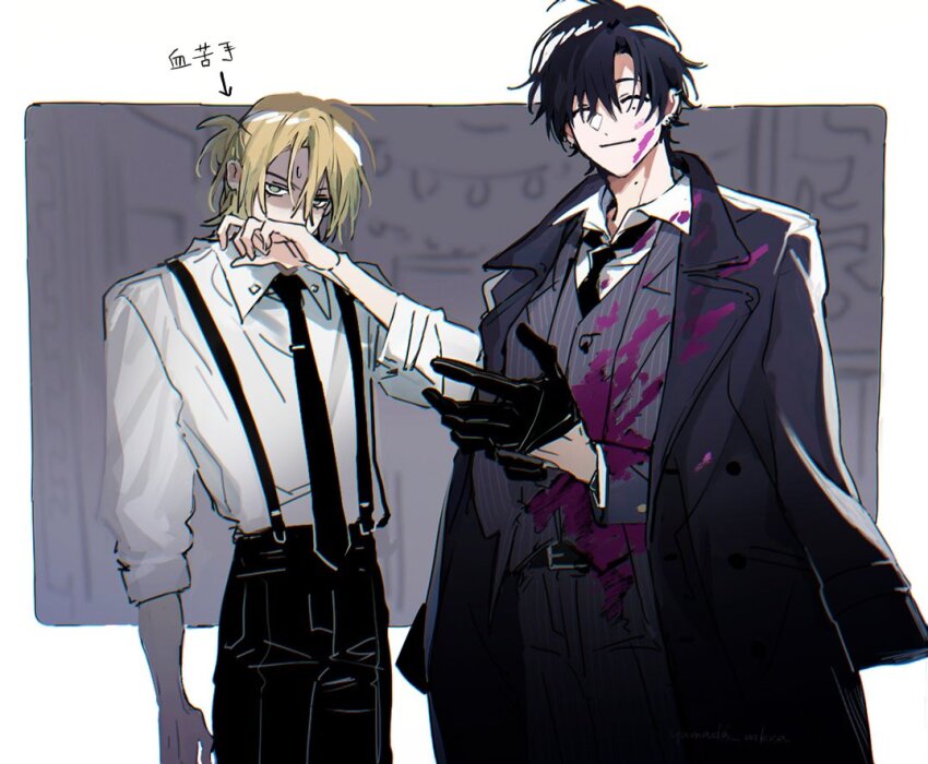 2boys, asymmetrical_bangs, belt, black_belt, black_coat, black_gloves, black_hair, black_necktie, black_pants, black_shirt, blonde_hair, blood, closed_eyes, closed_mouth, coat, coat_on_shoulders, covered_mouth, cowboy_shot, ear_piercing, formal_clothes, gloves, green_eyes, grey_suit, half_updo, hand_to_own_mouth, head_down, looking_at_viewer, mafia, male_focus, medium_hair, mole, mole_on_neck, mole_under_eye, multiple_boys, multiple_piercings, necktie, pants, piercing, purple_blood, removing_glove, sashinami_mei, sega_mitsuki, shaded_face, shirt, sleeves_rolled_up, smile, standing, striped_clothes, suit, sweatdrop, tashiro-kun_kimi-tte_yatsu_wa, white_shirt, yamada_(onigori105)