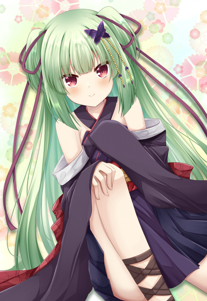 1girl, absurdres, bare_shoulders, black_kimono, black_skirt, blunt_bangs, blunt_ends, blush