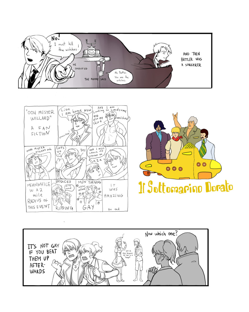 07th_expansion, 3girls, 6+boys, androgynous, antique_phone, beatrice_(umineko), beatrice_castiglioni, cape, corded_phone, crossover, hark_a_vagrant, highres, meme, multiple_boys, multiple_crossover, multiple_girls, nanjou_terumasa, no_naku_koro_ni_(series), parody, phone, ronoue_genji, ronove_(umineko), rotary_phone, shroedinger, siblings, spoilers, style_parody, submarine, the_beatles, umineko_no_naku_koro_ni, ushiromiya_battler, ushiromiya_jessica, ushiromiya_kinzou, ushiromiya_lion, watercraft, willard_h._wright, yasu_(umineko), yellow_submarine