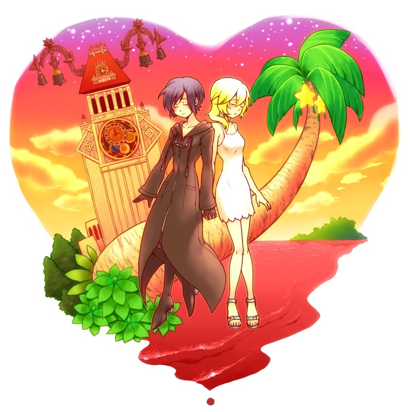 2girls, bad_id, bad_pixiv_id, banana_gyuunyuu, black_coat_(kingdom_hearts), black_hair, blonde_hair, boots