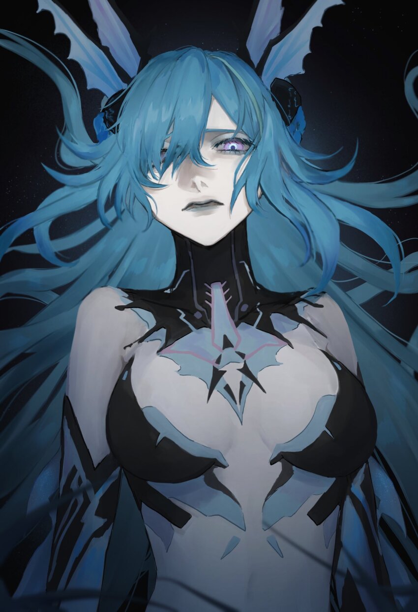 1girl, adhesive_bra, aqua_hair, black_background, black_bra, black_collar, blue_hair, blue_lips