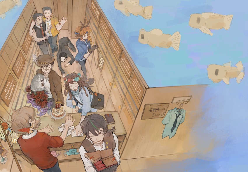 2girls, 6+boys, animal, antlers, bag, brown_hair, cat, chinese_commentary