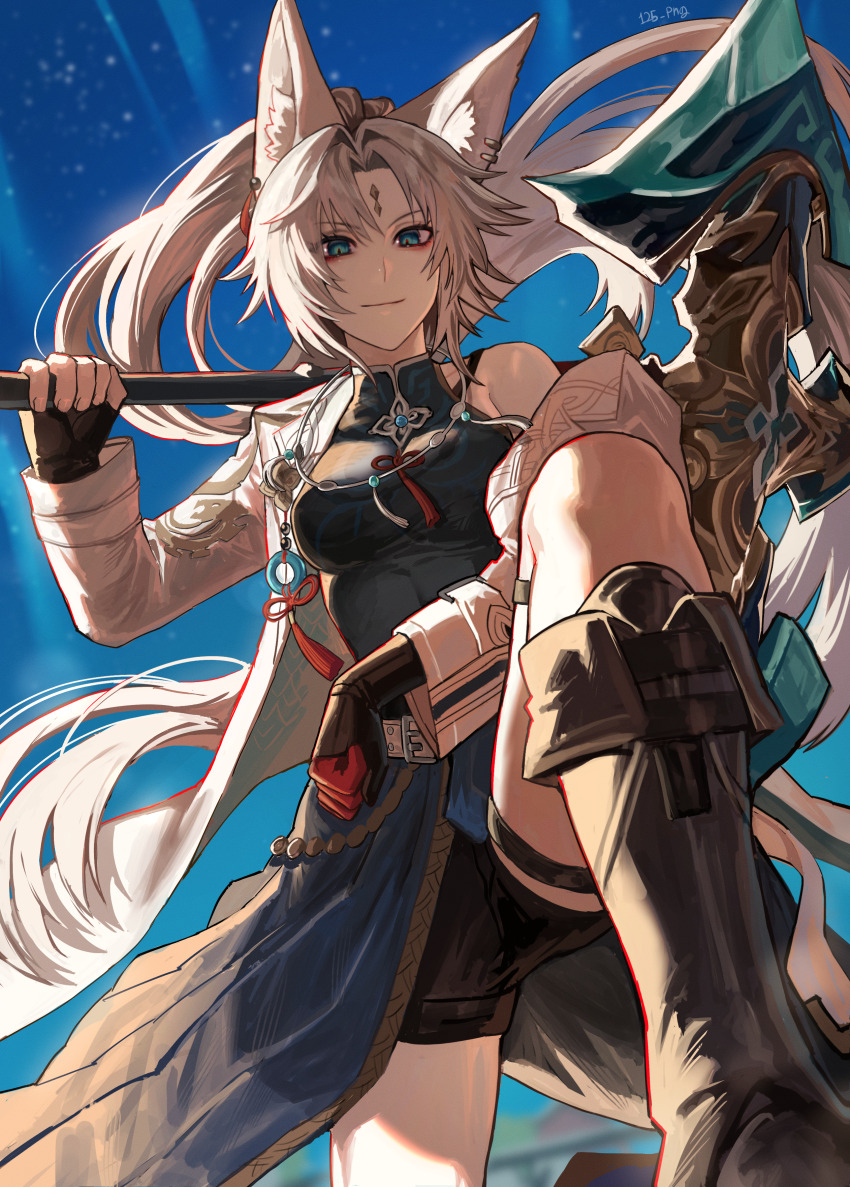 1girl, absurdres, animal_ears, aqua_eyes, black_boots, black_dress, black_shorts, boots