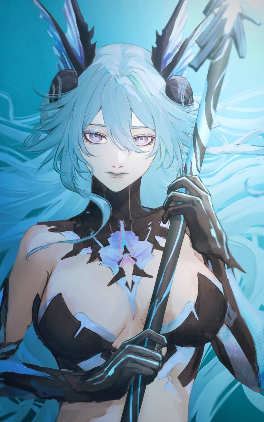 1girl, adhesive_bra, aqua_hair, black_bra, black_collar, blue_hair, bra, collar