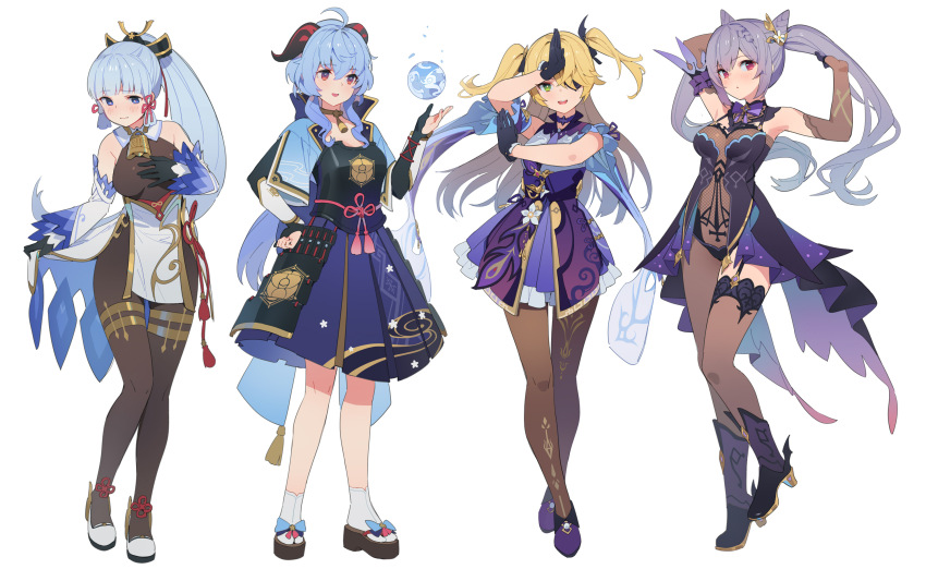 4girls, ahoge, arm_behind_head, arm_up, armor, arms_up, asymmetrical_legwear, ayaka_(genshin_impact)