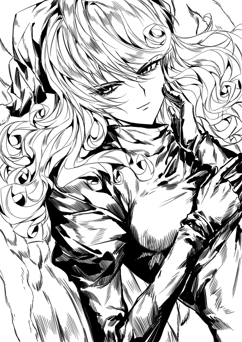 breasts, curly_hair, duel_monster, dutch_angle, evil_smile, eyelashes, fairywitch, gloves