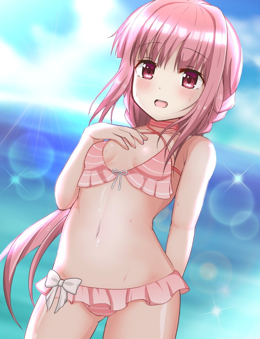 ascot, bikini, bikini_top_lift, blunt_bangs, breasts, choker, clothes_lift, frilled_bikini