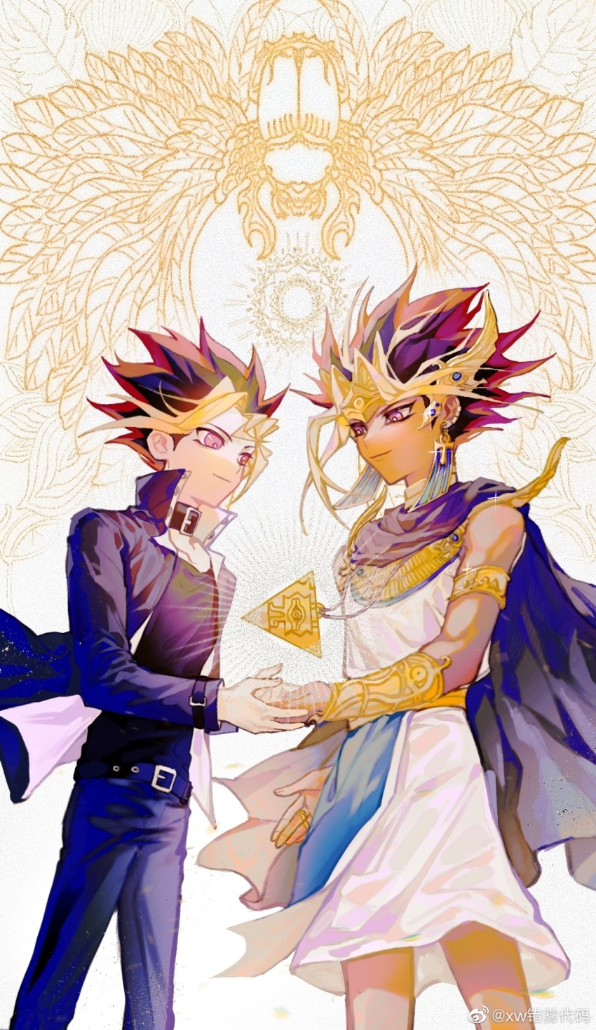 2boys, ancient_egyptian, ancient_egyptian_clothes, atem, blonde_hair, bracelet, dark-skinned_male, dark_skin