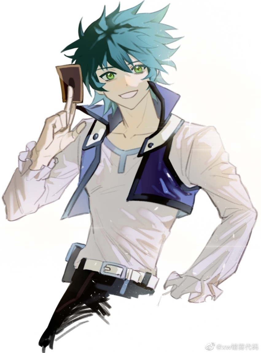 1boy, backlighting, card, cropped_jacket, cropped_legs, green_eyes, grin, high_collar