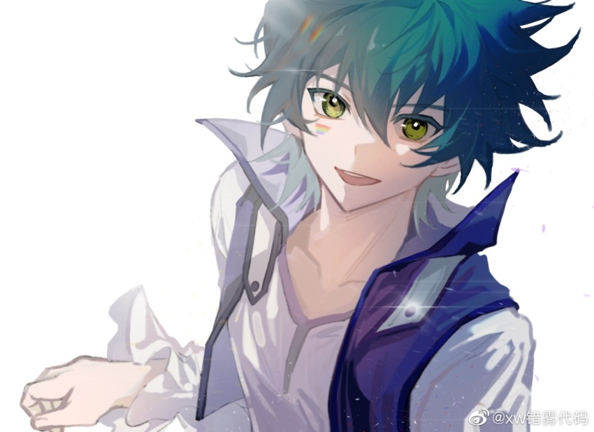 1boy, :d, green_eyes, high_collar, johan_andersen, looking_at_viewer, male_focus, open_mouth