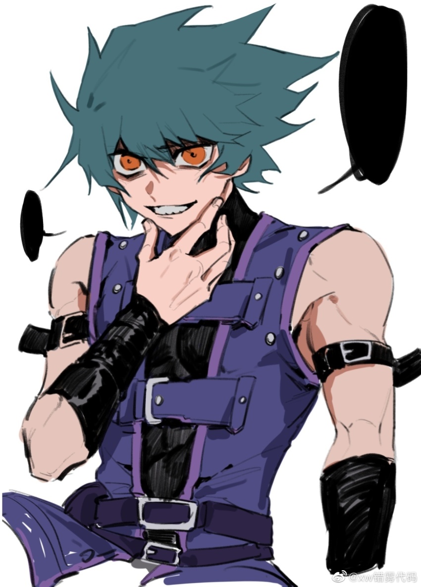 1boy, arm_belt, bare_shoulders, belt, dark_persona, evil_smile, green_eyes, highres