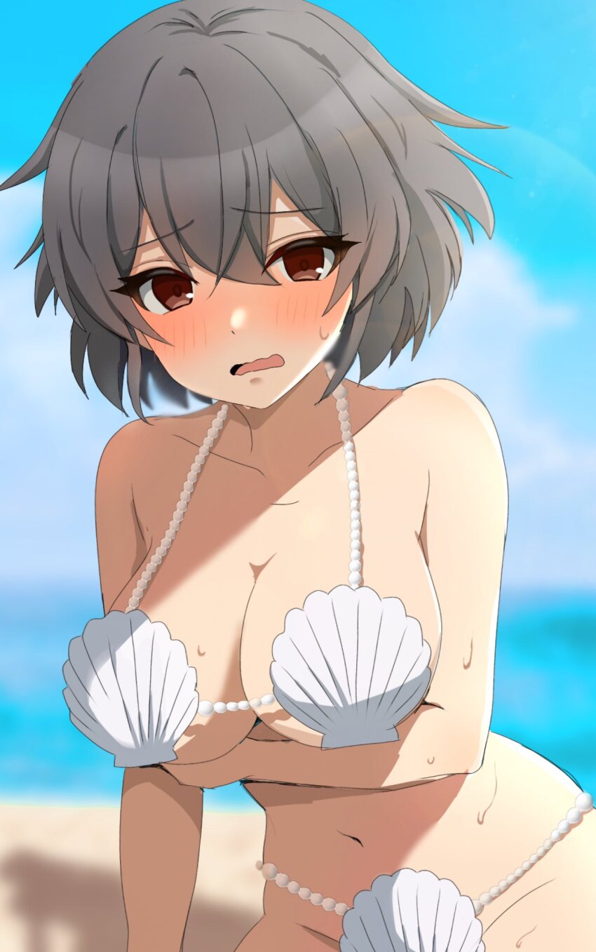 1girl, arm_under_breasts, bare_arms, beach, bikini, blush, breasts, brown_eyes