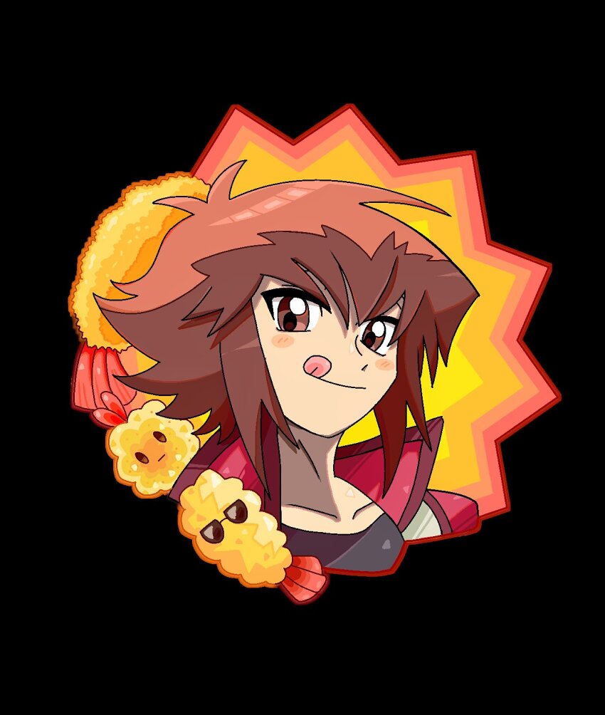 1boy, :q, black_shirt, blush_stickers, brown_eyes, duel_academy_uniform_(yu-gi-oh!_gx), hair_between_eyes, highres