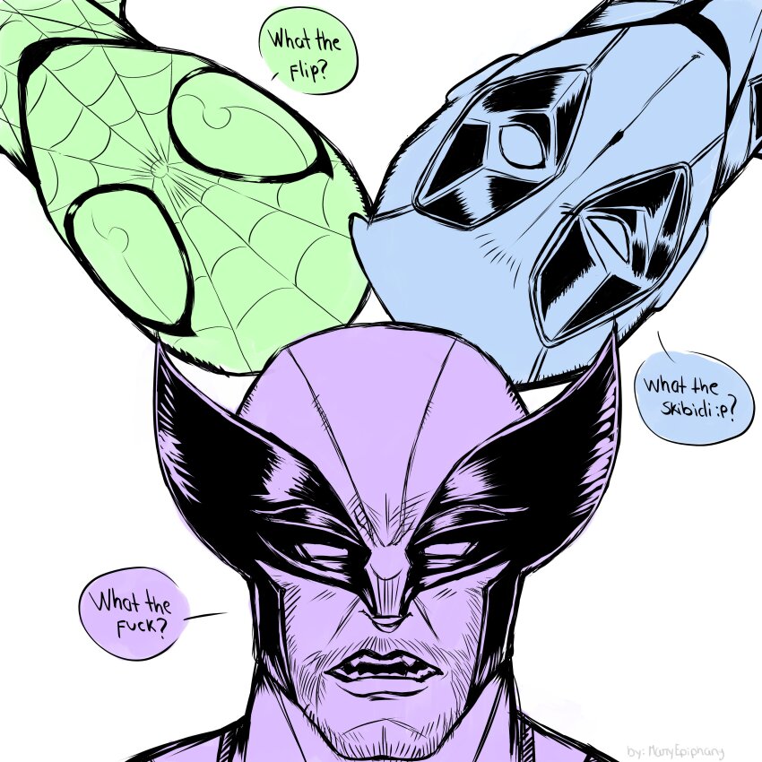 3boys, absurdres, beard_stubble, bxsql_wtf_trio_(meme), circle_formation, commentary, deadpool, deadpool_&amp;_wolverine