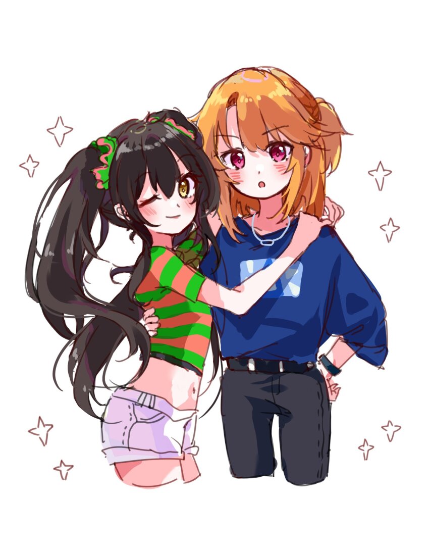 2girls, :o, arm_around_another's_back, arm_around_shoulder, belt, black_belt, black_hair, black_pants, blue_shirt, blush, bracelet, child, commentary_request, crop_top, cropped_legs, green_shirt, hair_between_eyes, hair_ornament, hair_scrunchie, hand_on_another's_back, hand_on_own_hip, height_difference, highres, idolmaster, idolmaster_cinderella_girls, idolmaster_cinderella_girls_u149, jewelry, long_hair, looking_at_viewer, matoba_risa, medium_hair, midriff, morizu929, multiple_girls, navel, necklace, one_eye_closed, open_mouth, orange_hair, orange_shirt, pants, pink_eyes, puffy_sleeves, scrunchie, shirt, short_shorts, short_sleeves, shorts, smile, sparkle, standing, straight-on, striped_clothes, striped_shirt, twintails, two-tone_shirt, v-shaped_eyebrows, white_background, white_shorts, yellow_eyes, yuuki_haru
