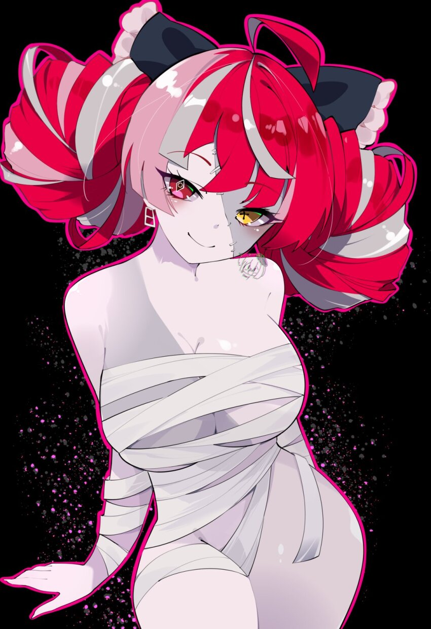 1girl, alternate_breast_size, bandages, big_hair, breasts, colored_skin, double_bun, grey_skin, hair_bun, heterochromia, highres, himary_art, hololive, hololive_indonesia, kureiji_ollie, large_breasts, looking_at_viewer, multicolored_hair, multicolored_skin, nude, patchwork_skin, sexually_suggestive, solo, stitched_arm, stitched_face, stitched_leg, stitched_torso, stitches, two-tone_skin, virtual_youtuber, zombie