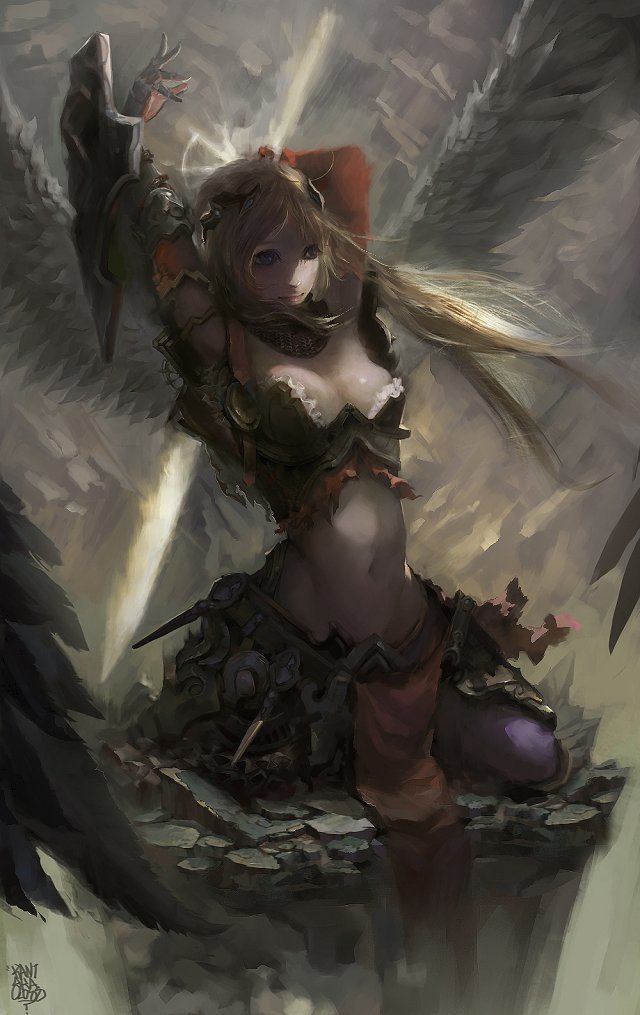 1girl, angel_wings, arm_behind_back, arm_up, armor, bad_bcy_id, bad_id, black_scarf