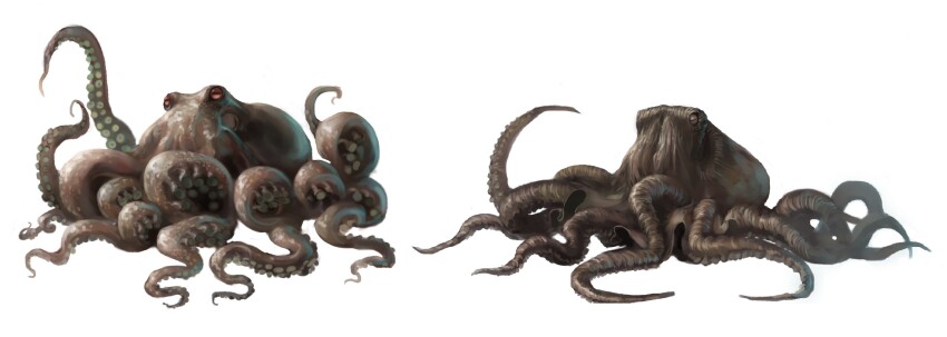 absurdres, animal, benedict_pictures_corporation, crossover, dual_persona, frankenstein, frankenstein_vs._baragon, full_body, giant, giant_monster, giant_octopus_(godzilla), glowing, glowing_eyes, godzilla_(series), highres, horizontal_pupils, kaiju, king_kong_(series), king_kong_vs._godzilla, monster, multiple_crossover, no_humans, octopus, sea_monster, simple_background, sudar, tentacles, the_war_of_the_gargantuas, toho, tsuburaya_productions, ultra-taf, ultra_q, ultra_series, ultraseven_(series), white_background