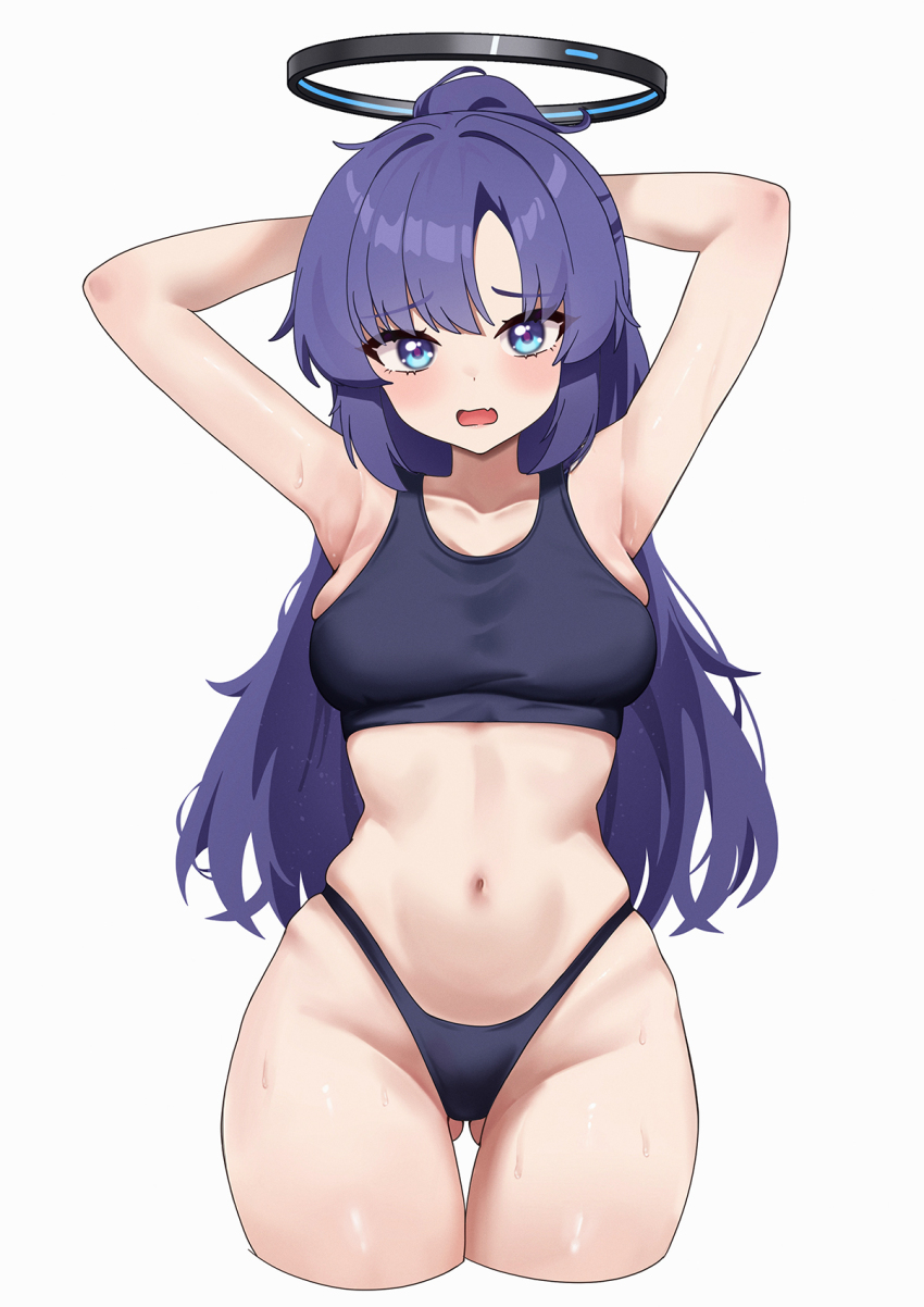 1girl, admiralkeyes, arms_behind_head, arms_up, black_panties, black_sports_bra, blue_archive, blue_eyes, breasts, cropped_legs, gluteal_fold, halo, highres, long_hair, looking_at_viewer, mechanical_halo, medium_breasts, navel, panties, ponytail, purple_hair, sports_bra, sweat, underwear, very_long_hair, white_background, yuuka_(blue_archive), yuuka_(track)_(blue_archive)