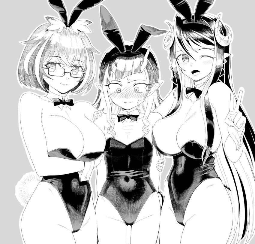 3girls, alternate_costume, animal_ears, arm_under_breasts, blush, bow, bowtie, breast_envy