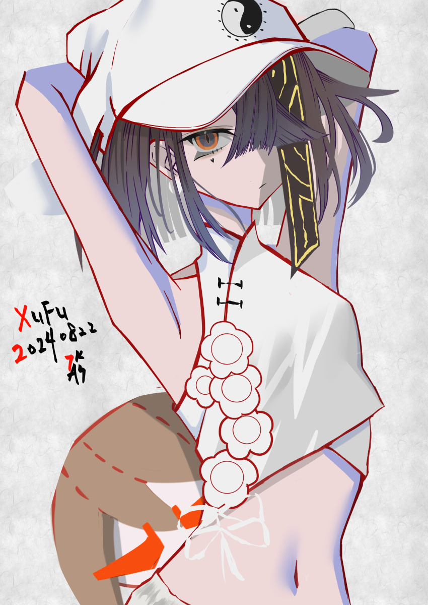 1girl, absurdres, armpits, arms_behind_head, arms_up, bare_shoulders, black_hair, breasts