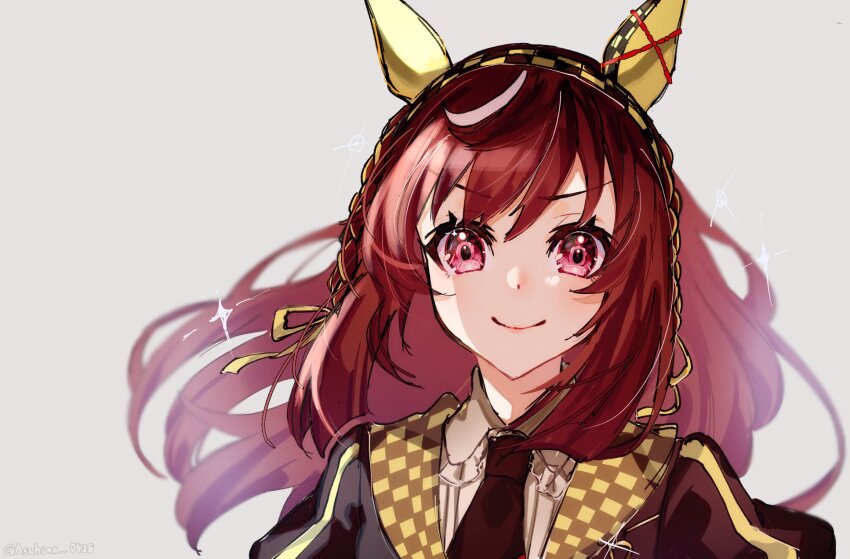 1girl, animal_ears, asahina_(asahina_0428), blurry, blurry_background, braid, brown_hair, buena_vista_(heroina_inocente)_(umamusume), buena_vista_(umamusume), closed_mouth, commentary_request, hair_between_eyes, hair_ornament, headband, highres, horse_ears, horse_girl, long_hair, looking_at_viewer, portrait, purple_eyes, simple_background, smile, solo, umamusume, white_background