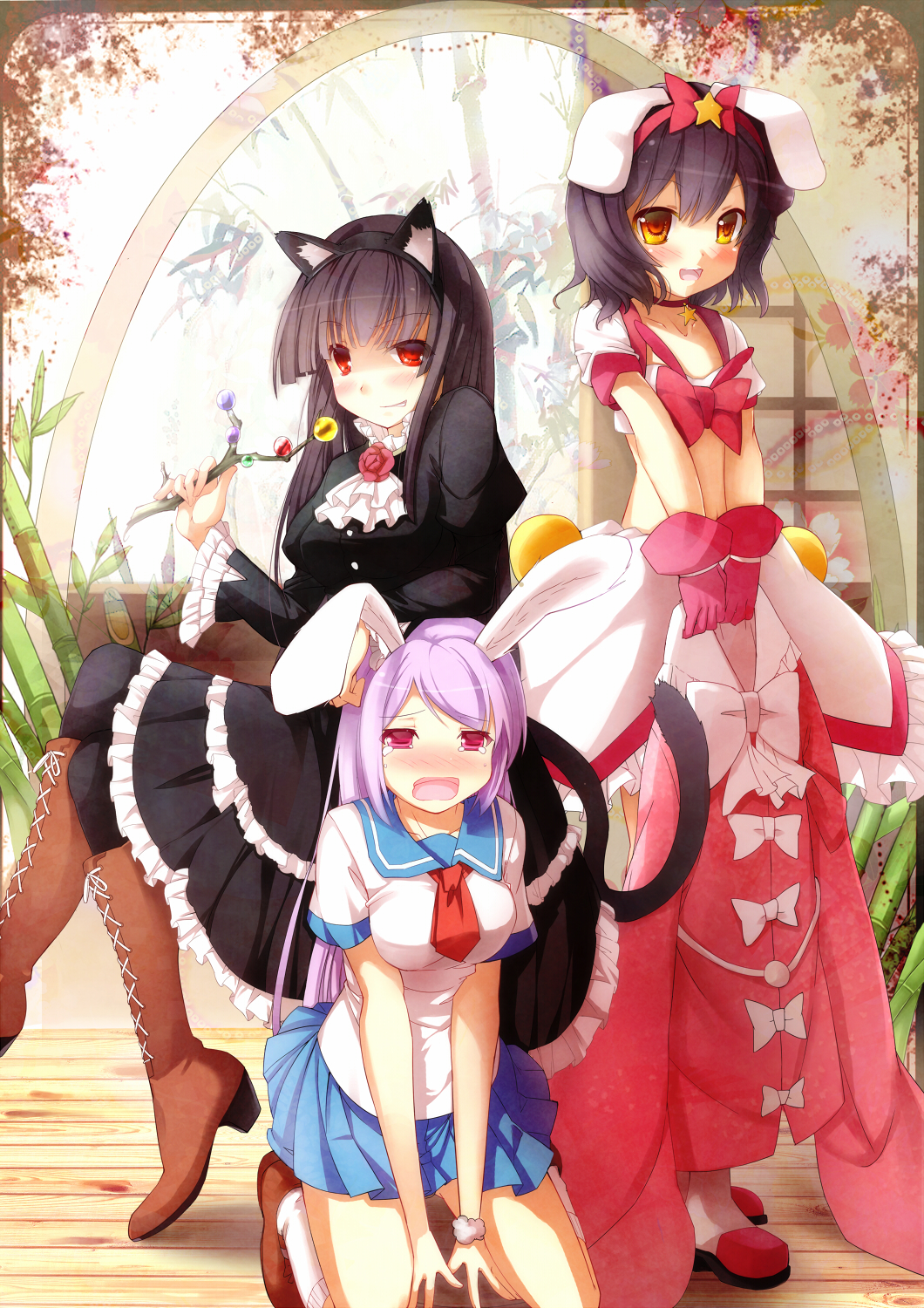3girls, :d, alternate_costume, animal_ears, black_hair, black_pantyhose, boots, branch