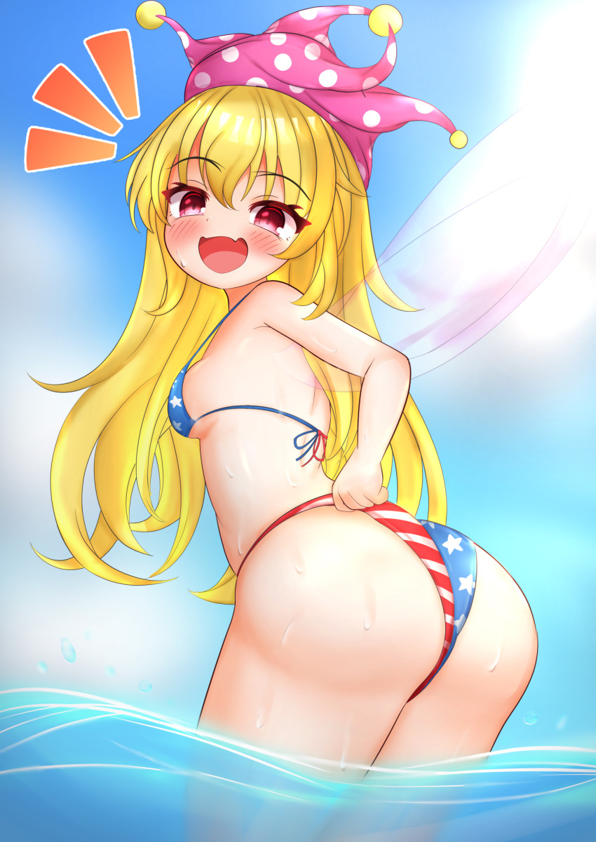 1girl, american_flag, american_flag_bikini, american_flag_print, ass, ass_focus, bare_shoulders, bikini, blonde_hair, blush, breasts, clownpiece, fairy, fairy_wings, flag_print, flag_print_bikini, from_behind, hat, highres, huge_ass, jester_cap, kasoka_soka, long_hair, looking_at_viewer, open_mouth, print_bikini, red_eyes, sideboob, smile, solo, swimsuit, touhou, very_long_hair, water, wings