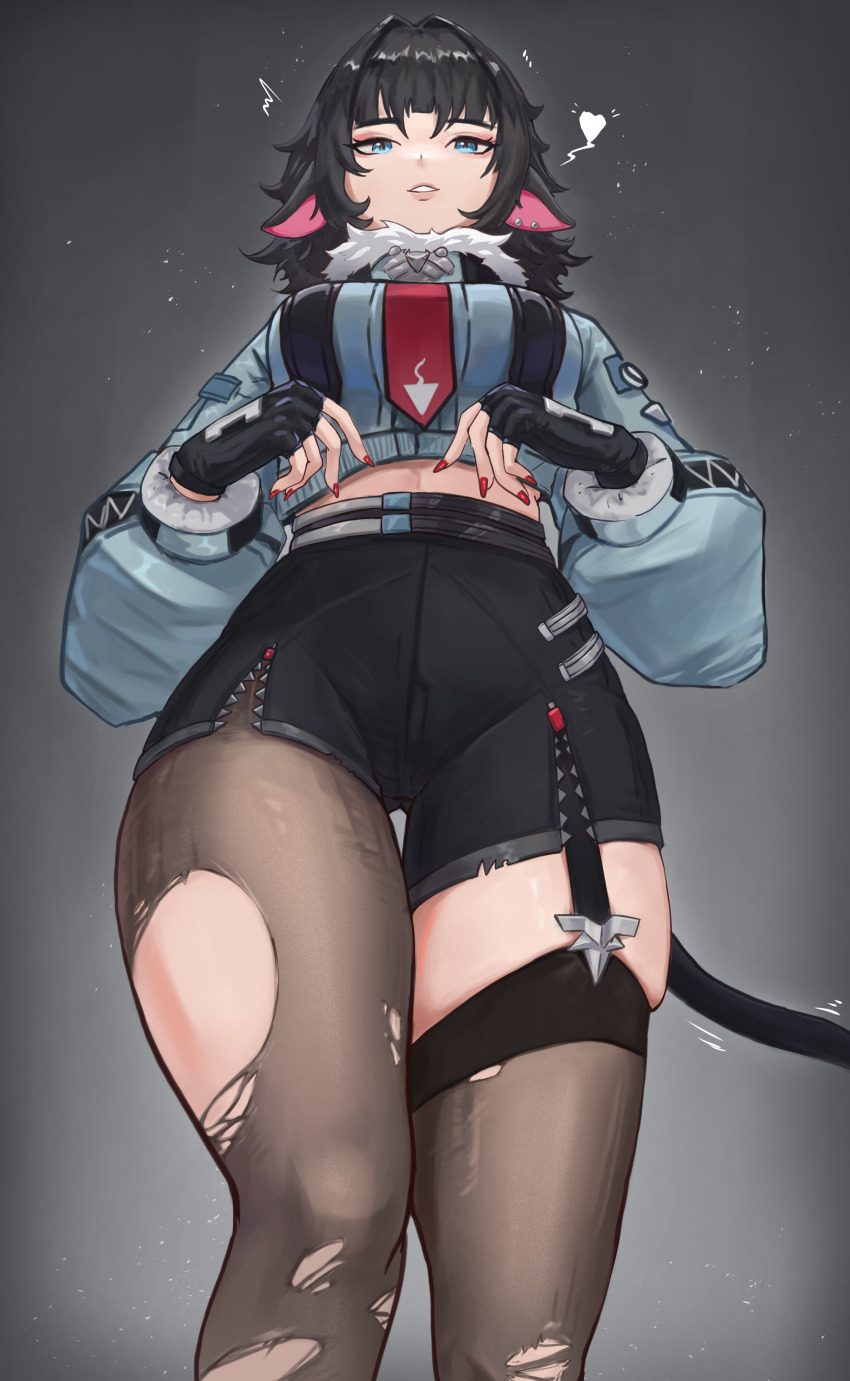 1girl, absurdres, black_pantyhose, blunt_bangs, cowboy_shot, fur-trimmed_jacket, fur_trim, gradient_background