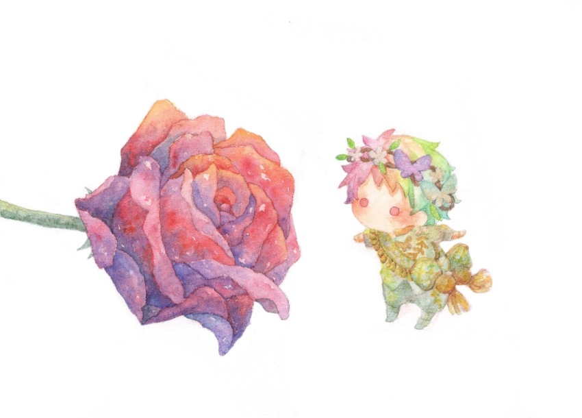 1boy, arabian_clothes, chibi, flower, full_body, green_hair, highres, kalim_al-asim, kalim_al-asim_(gala_couture), kirakira_huuuki, male_focus, painting_(medium), pink_hair, red_flower, red_rose, rose, short_hair, simple_background, solo, traditional_media, twisted_wonderland, watercolor_(medium), white_background