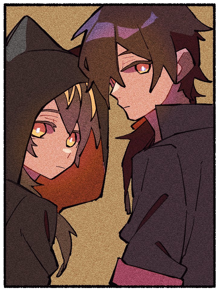 2boys, animal_hood, black_hoodie, border, brown_eyes, brown_hair, cat_hood, closed_mouth