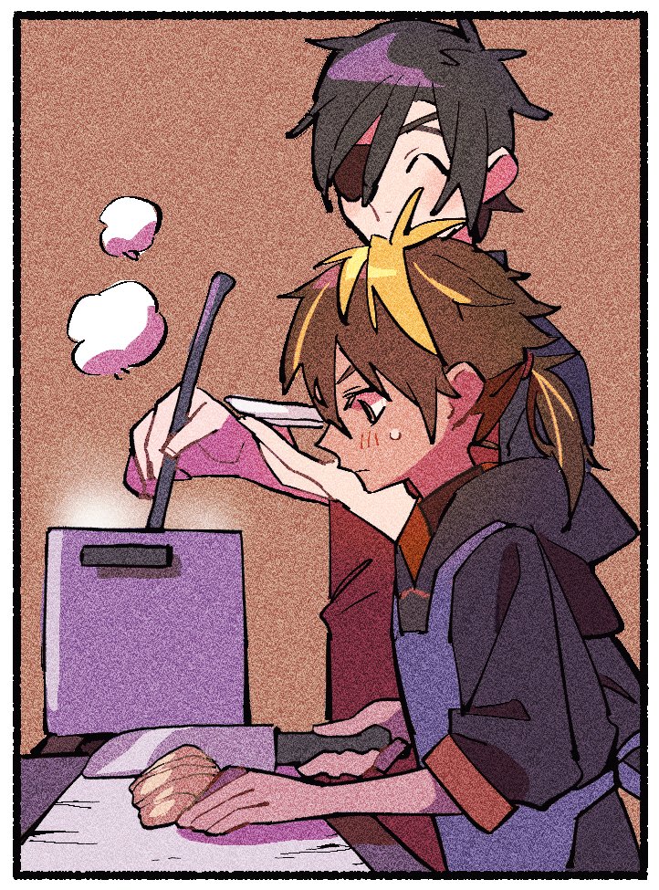 2boys, apron, black_hair, black_hoodie, blonde_hair, brown_apron, brown_background, brown_eyes, brown_hair, cooking_pot, cutting_board, eyepatch, holding, holding_knife, holding_ladle, hood, hoodie, kashagiri_(touken_ranbu), knife, ladle, long_sleeves, low_ponytail, male_focus, multicolored_hair, multiple_boys, nploser, onion, ponytail, purple_apron, shokudaikiri_mitsutada, simple_background, streaked_hair, touken_ranbu, upper_body